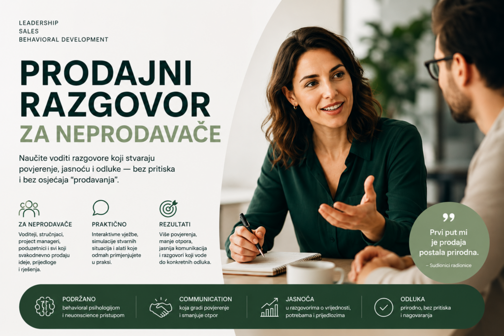 Najbolja edukacija iz prodaje, prodaja za poduzetnike, koja je najbolja edukacija iz prodaje, kako ostvariti prodajne ciljeve, prodajne tehnike, pregovaranje, najbolja prodajna radionica, kako naučiti prodavati; prodaja bez pritiska, kako prodavati bez agresije, relationship selling Hrvatska, edukacija prodaje za iskusne prodavače, prodajni trening za B2B prodaju, kako voditi prodajni razgovor, kako povećati vrijednost proizvoda, kako prodati bez spuštanja cijene, prodajni coaching Hrvatska, prodajne edukacije za tvrtke, prodajna akademija Hrvatska, kako izgraditi povjerenje s kupcem, psihologija prodaje, behavioral sales training, edukacija za key account managere, prodaja visoke vrijednosti, kako povećati closing rate, kako povećati vrijednost prosječnog računa, kako kupci donose odluke, kako smanjiti otpor kupca u prodaji, kako razviti ownership kod zaposlenika, edukacija prodaje za introverte